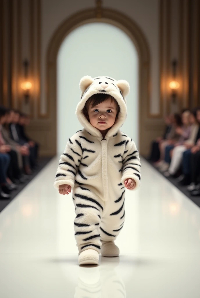 Newborn baby smiling and wearing a zebra costume、Fashion show with real zebras - Ultra realistic