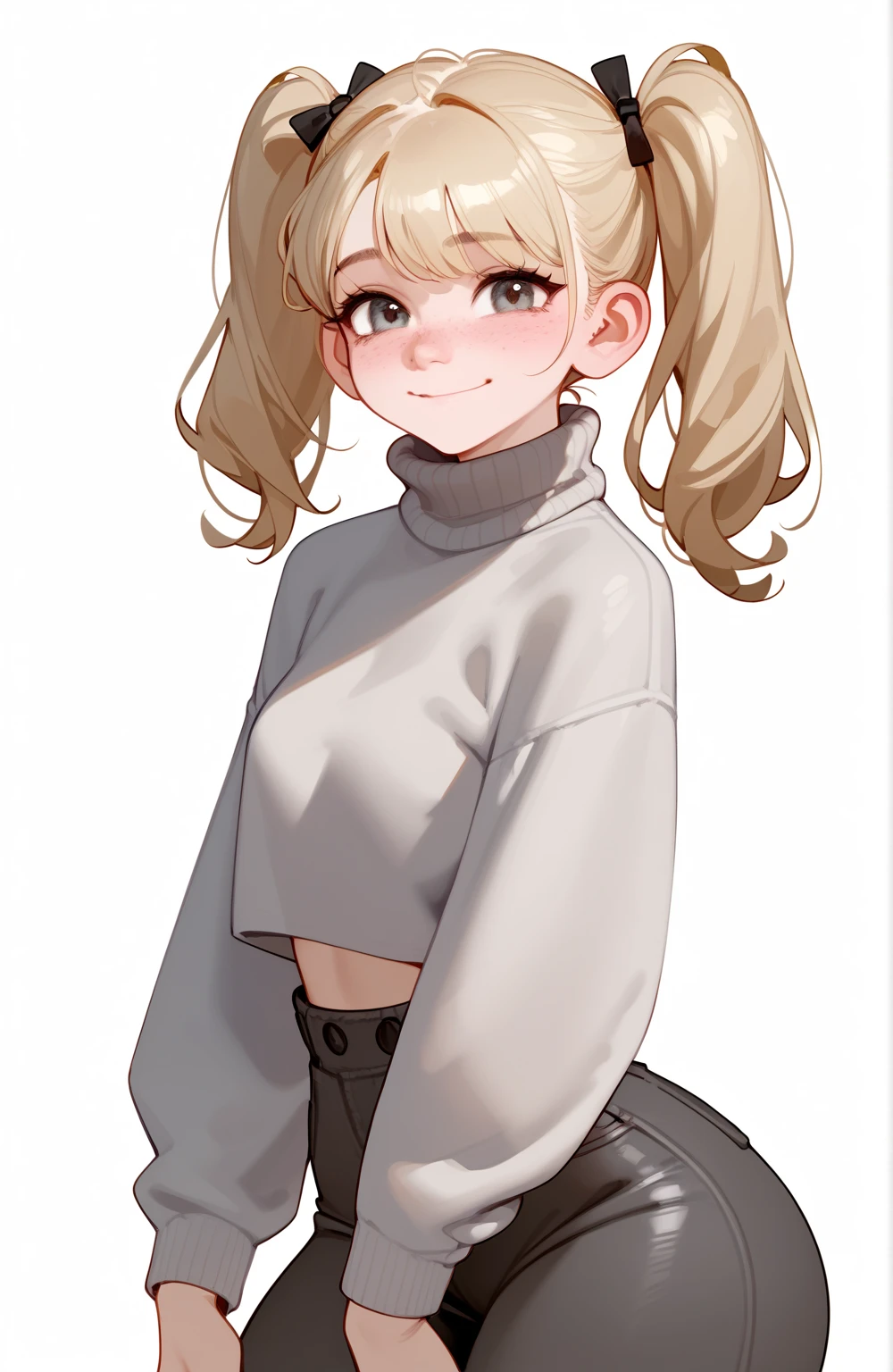 score_9,score_8_up,score_7_up,score_6_up,score_5_up,score_4_up,1girl, pretty girl, shy smile, blond hair, in twintails, pale skin,highly detailed face, cute nose, seductive, freckles, gray turtleneck, black pants ,big bust,wide hips,big ass,bubble ass,athletic legs,juicy ass,hot,horny,seductive sexual pose,uncensored
