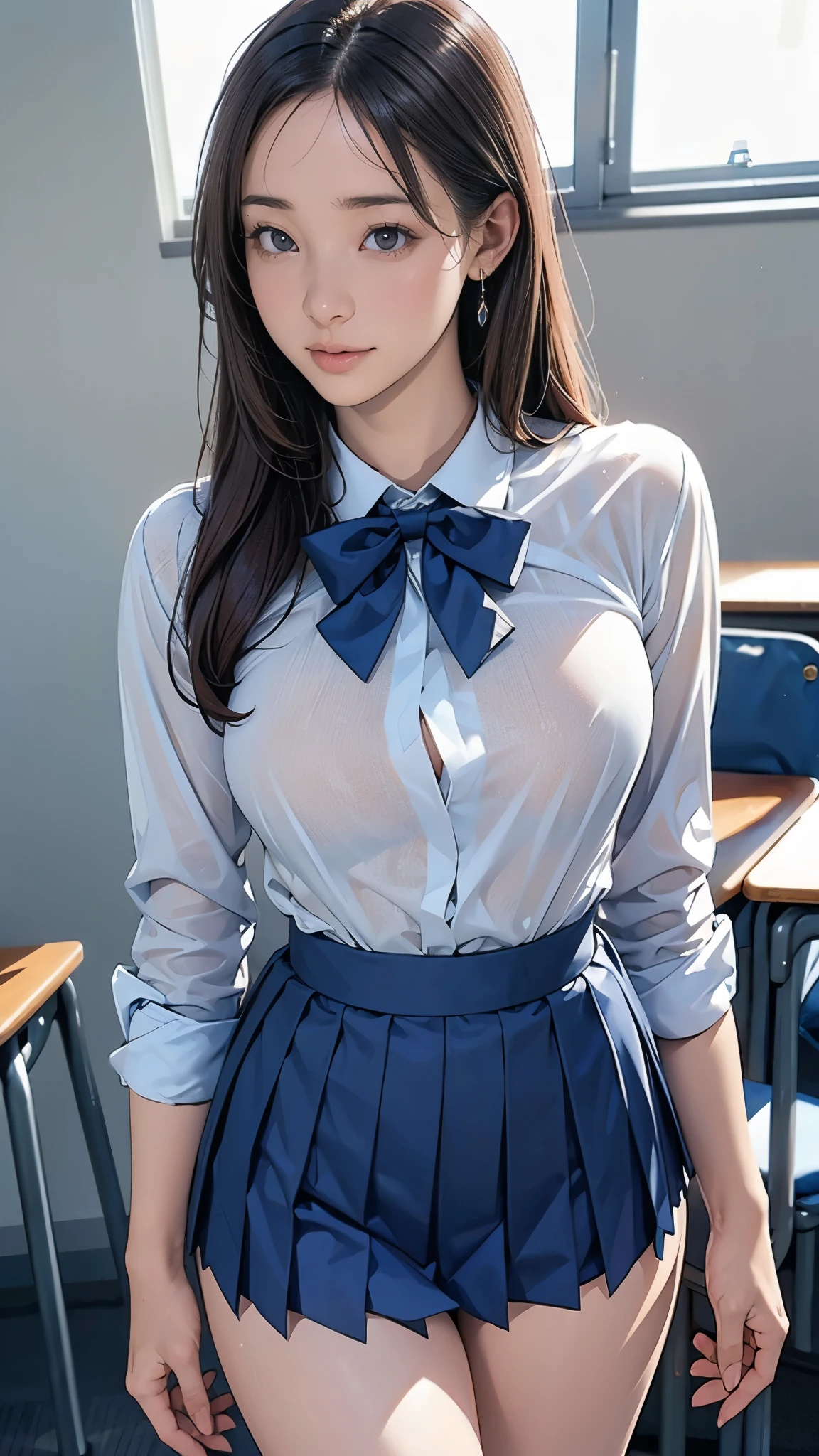 (masterpiece:1.2, best quality), (Realistic, photoRealistic:1.4), Beautiful Illustration , ( Natural Side Lighting, movie lighting), Depth of Written Boundary, 1 female, straight hair, Long Hair, Forehead, Forehead, Forehead, white collared shirt , Long Sleeve , The shirt is see-through, The shirt is see-through, The shirt is see-through, navy pleated skirts , navy bow tie , Big Boobs , Big Boobs , Big Boobs , Thighs, Thighs, Thighs, earrings for a woman alone, standing, ((background: School Classroom), ((Close up)), Thin arms, Thin arms, Thin arms, Thin legs, Thin legs, Thin legs, hands behind