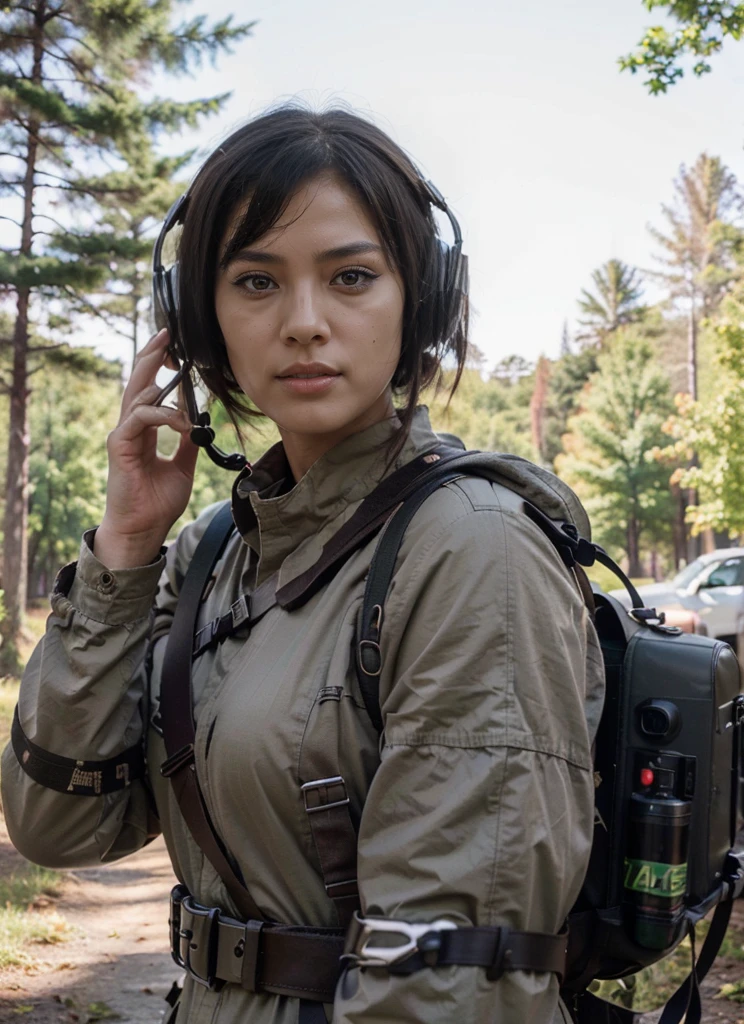 Very beautiful female soldier, Chinese features, Highly detailed face, short black hair military cut, Wear headphones with microphone, Matte brown military uniform, Has an advanced portable military radio system, antenna on her back, Belt with ammunition, Harnesses, Cables, military style light brown color pixelated uniform, in a forest, ultrarealistic, 4k, Ultra detailed image, realistic, Highly detailed, perfect composition, gorgeous, Intricately detailed, incredibly detailed, Art photography 8K, hyper detailed, Masterpiece, Ultra detailed, hyper realistic, NOT SOVIET