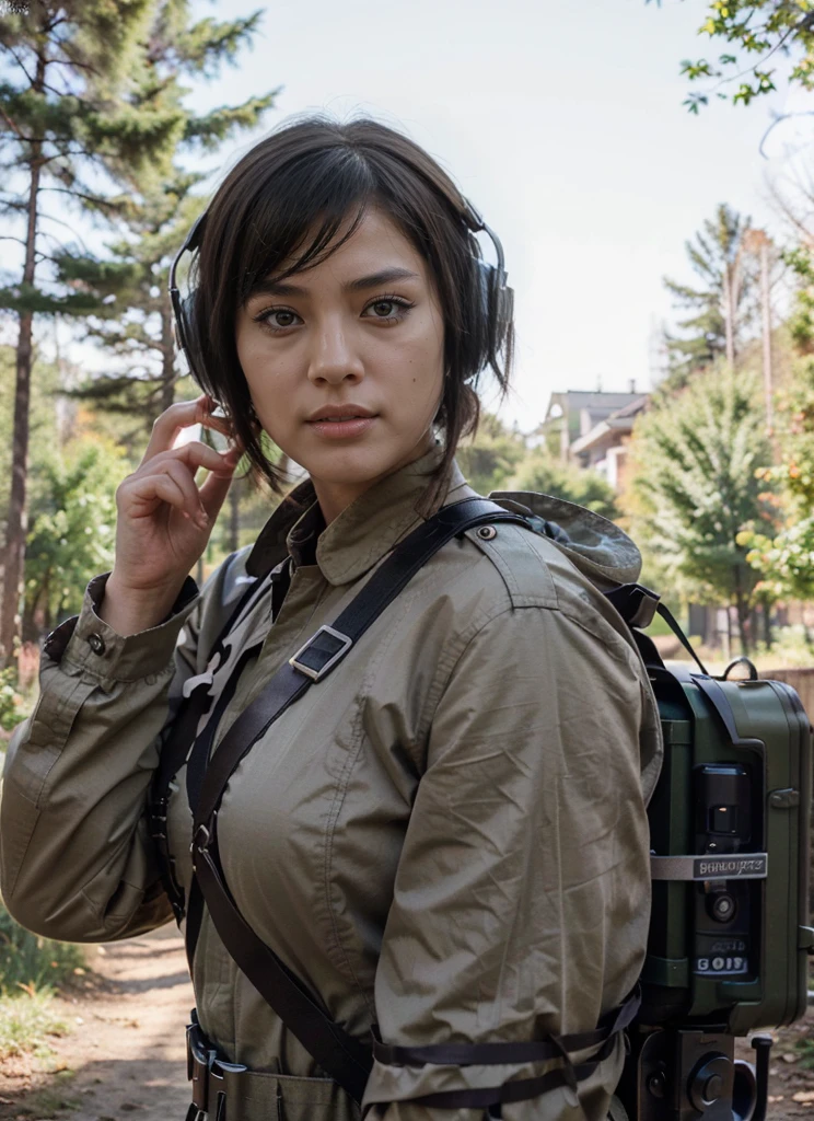 Very beautiful female soldier, Chinese features, Highly detailed face, short black hair military cut, Wear headphones with microphone, Matte brown military uniform, Has an advanced portable military radio system, antenna on her back, Belt with ammunition, Harnesses, Cables, military style light brown color pixelated uniform, in a forest, ultrarealistic, 4k, Ultra detailed image, realistic, Highly detailed, perfect composition, gorgeous, Intricately detailed, incredibly detailed, Art photography 8K, hyper detailed, Masterpiece, Ultra detailed, hyper realistic, NOT SOVIET