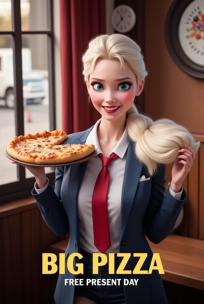  CM Poster is "Big Pizza Free Present Day " written in middle golden decoration letters at the bottom of the screen,  domino pizza logo, front view  Standing Pose , hold a  1 domino big pizza ,smile , suit style, red necktie,  Domino pizza shop, noon,(super detail, high details, high quality, accurate, anatomically correct, textured skin, beautiful fingers super detail, high details, high quality, best quality)
