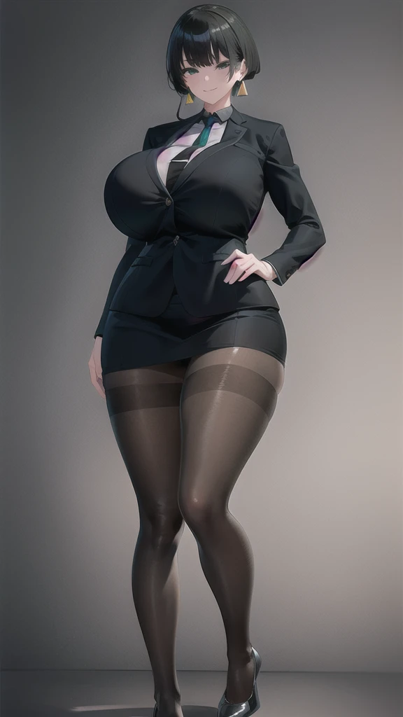 SFW, (Matte texture), 1 woman, ALLMIND, smug, naughty smile, (black hair), (short bob), earring, (green eyes), tall and slim, (sensual body), (stocky build:1.1), (gigantic breasts), (thick thigh), (huge hip), (business suit, black shirt, Fastened buttons, tight skirt, Pantyhose up to on the waist),  (cyberspace background), masterpiece, high quality, high detail