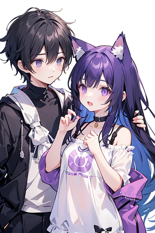 Create 2 characters . A boy does he have wolf ears black hair,  and a girl she has cat ears, Her hair is purple and short . 