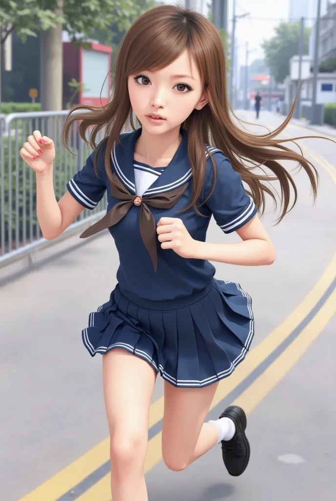 A realistic Japanese high school girl carefully drawn down to the smallest detail is dashing at full speed、 a blouse with a clean slack 、Navy blue sailor suit、 The skirt is pleated and inseam length、
