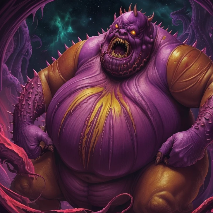 (Best high quality image, very detailed image textures and pixels, carefully detailed, junji ito aesthetic)
{{(1monster: outer god Yog-sothoth): (obese design, multiple mouths full of teeth, multiple muscular purple tentacles, scarlet fat tendrills with golden claws, multiple mouths with purple tongues, pink tentacles, tendrills in every side of the body, growling, laughing), (deep space realm))}}