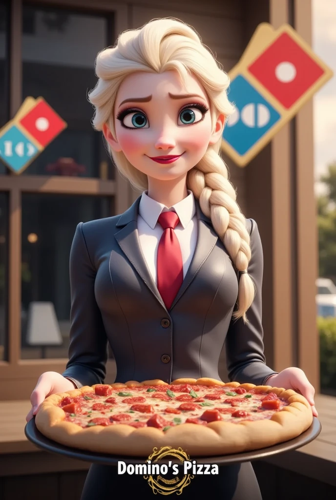  CM Poster is "Big Pizza Free Present Day " written in middle golden decoration letters at the bottom of the screen,  domino pizza logo, front view  Standing Pose , hold a  1 domino big pizza ,Elsa Frozen- Disney, smile , suit style, red necktie,  Domino pizza shop, noon,(super detail, high details, high quality, accurate, anatomically correct, textured skin, beautiful fingers super detail, high details, high quality, best quality)
