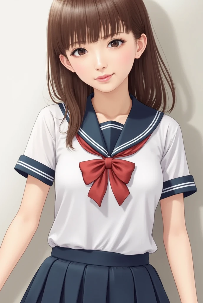 A realistic Japanese high school girl carefully drawn down to the smallest detail wears a clean, loose-chested blouse and dark blue sailor suit, and her skirt is pleated and inseam length, and dashes at full speed、
