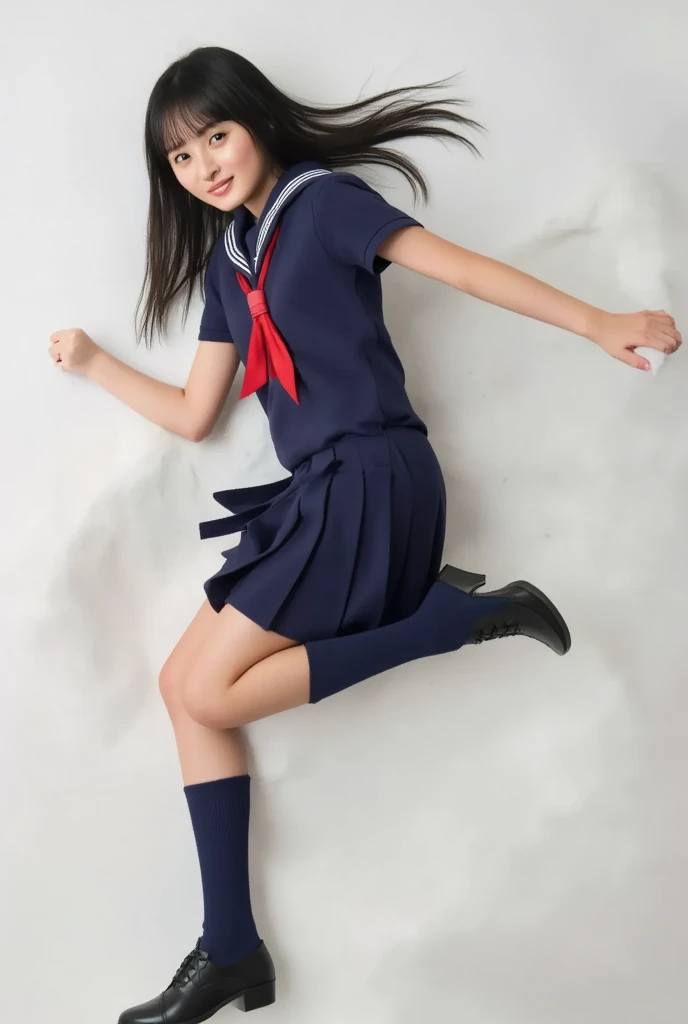 A realistic Japanese high school girl carefully drawn down to the smallest detail wears a clean, loose-chested blouse and dark blue sailor suit, and her skirt is pleated and inseam length, and dashes at full speed、
