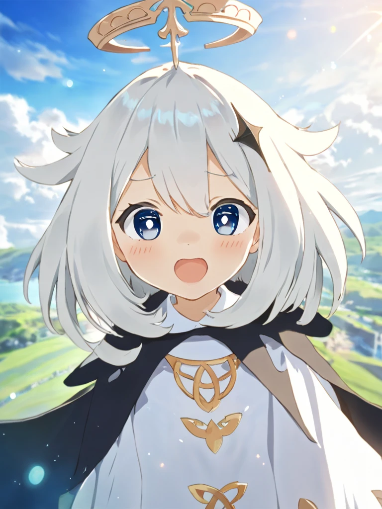  belt,( best quality),((  masterpiece )),( highres icon),original, extremely ,1 ,(\pai meng\),1 ,halo,white dress,Alone,dress,  hair between the eyes,sky, Open mouth,smile,fringe,Teeth,is,long sleeves, cloud,blue sky,Blush, outdoor, Blue Eyes,  depth of field  ,blurry, looking at the spectator , long hair,hair ornament,cape, blurry background,black cover,