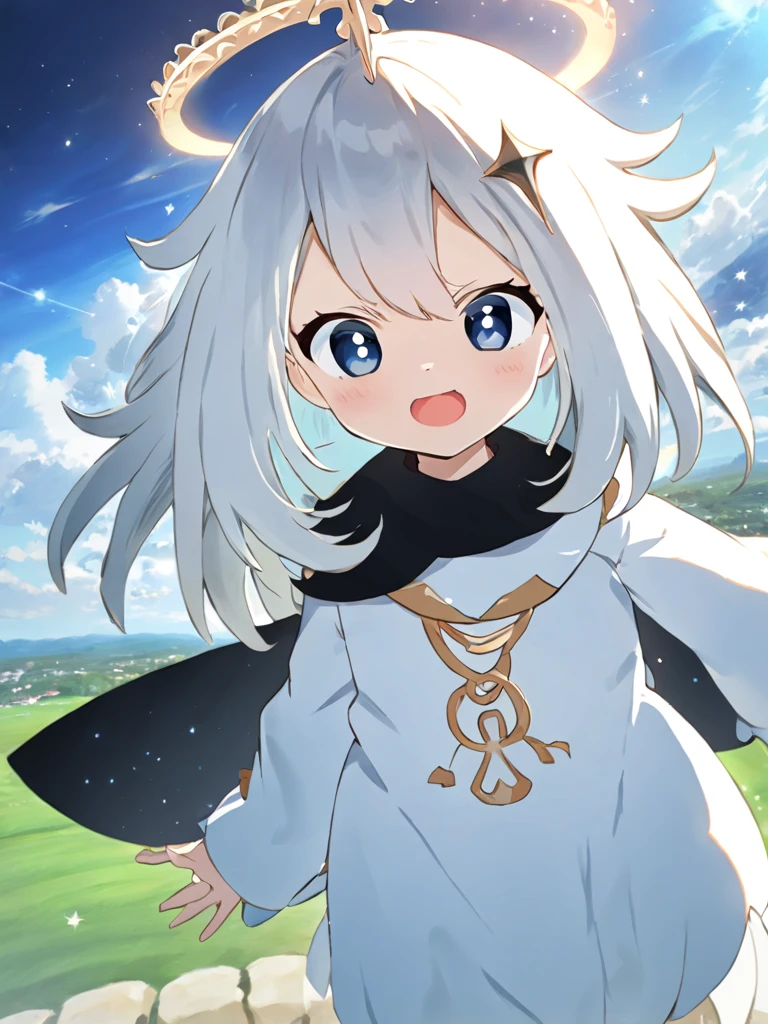  belt,( best quality),((  masterpiece )),( highres icon),original, extremely ,1 ,(\pai meng\),1 ,halo,white dress,Alone,dress,  hair between the eyes,sky, Open mouth,smile,fringe,Teeth,is,long sleeves, cloud,blue sky,Blush, outdoor, Blue Eyes,  depth of field  ,blurry, looking at the spectator , long hair,hair ornament,cape, blurry background,black cover,