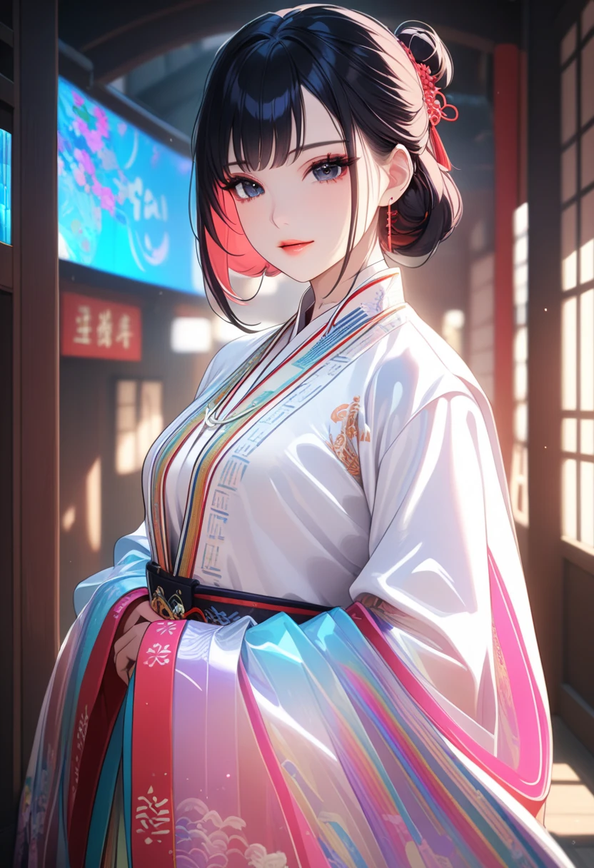 (((1 female samurai))), (masterpiece, highest quality: 1.3), detailed face, black eyes, black hair, smiling face, pink cheeks, beautifully detailed lips, long eyelashes, gentle features, expressive face, detailed skin texture, vibrant colors, cinematic lighting, soft focus, prism, holographic, chromatic aberration, transparent colored vinyl clothing, (Nhat Binh clothing, long sleeves, wide sleeves), lens flare, colorful, glitch lettering, art, abstract art, geometric, clear lines, squares, bright, limited palette, {regular composition}, clean diagonals, {limited palette}, flat colors