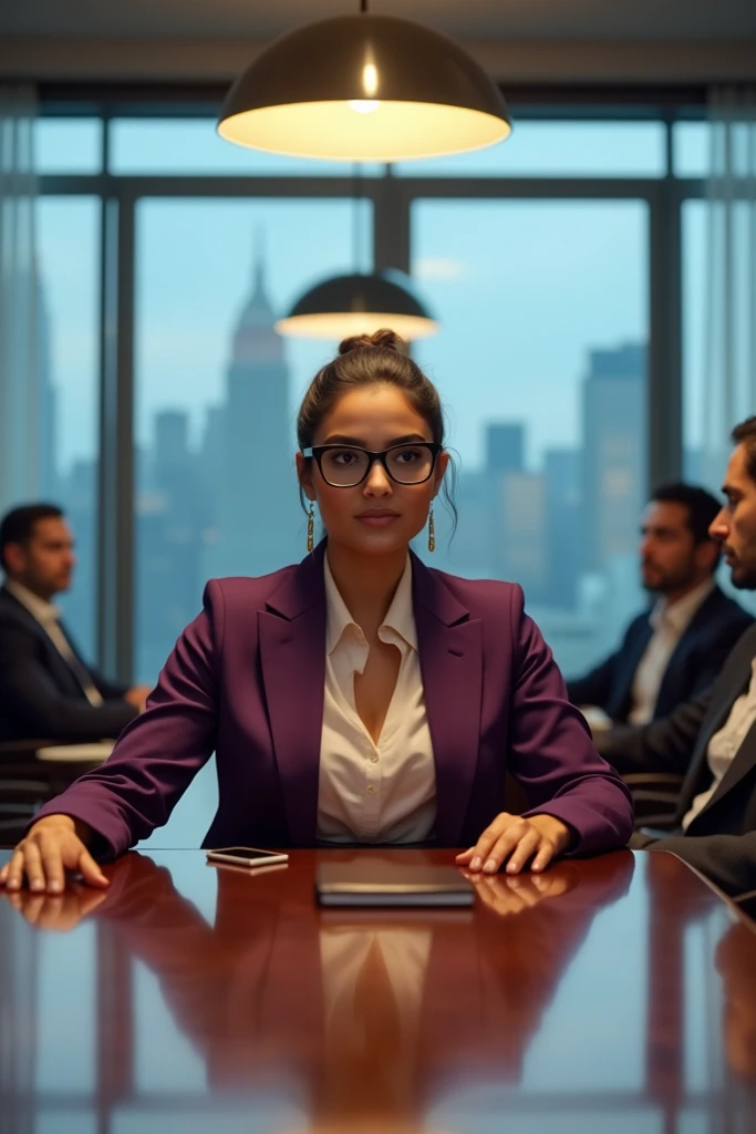 A woman wearing a purple business suit and glasses is sitting alone in a large conference room, facing forward as if she is in a job interview. She has her legs crossed and is looking down on the interviewer with an air of indifference and disinterest.