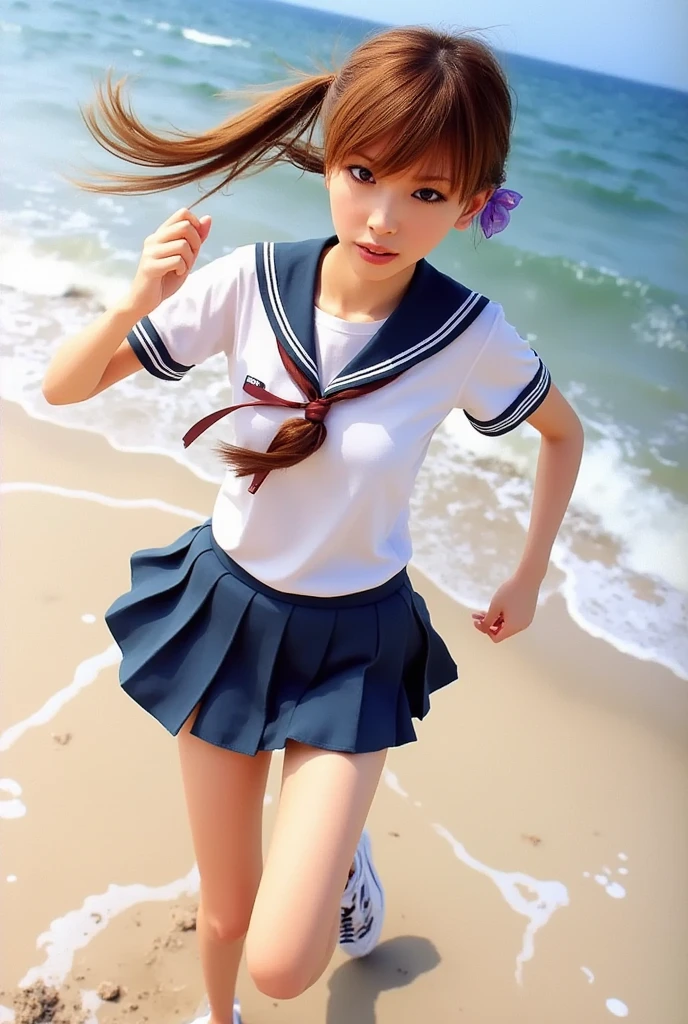 A realistic Japanese high school girl carefully drawn down to the smallest detail wears a clean, loose-chested blouse and dark blue sailor suit, and her skirt is pleated and inseam length, and dashes at full speed、
