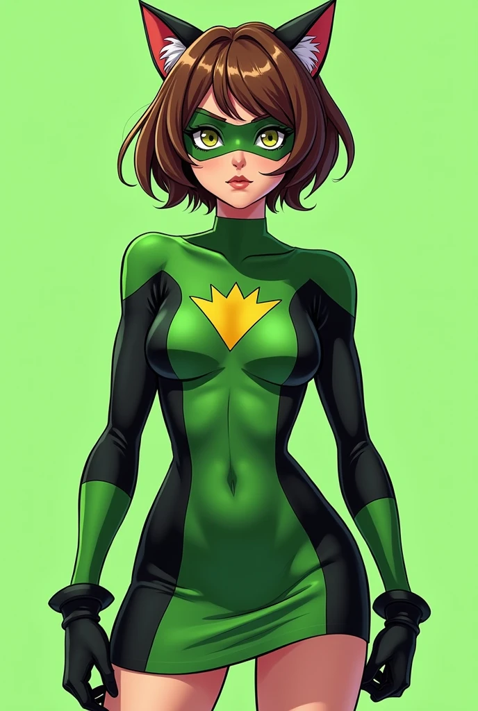 (8k),(masterpiece),(Japanese),(),((innocent look)),((Childish)),From the front,smile,cute,Innocent,Kind eyes,Flat chest,Hairless vagina, Cameltoe,Green Hero Mask Style,Green Lantern Costume,short,Hair blowing in the wind,Brown Hair,Strong wind,night,dark, Neon light cyberpunk city