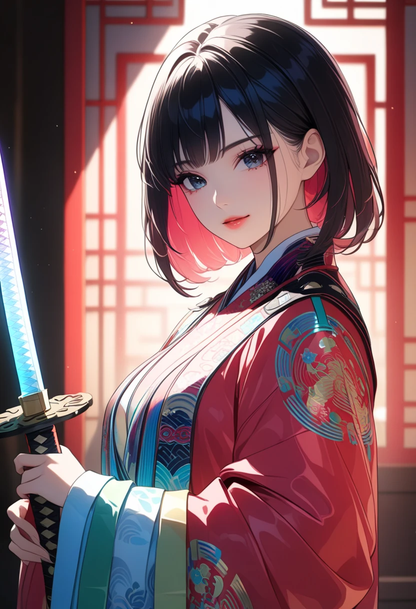 (((1 female samurai with sword))), (masterpiece, highest quality: 1.3), detailed face, black eyes, black hair, smiling face, pink cheeks, beautifully detailed lips, long eyelashes, gentle features, expressive face, detailed skin texture, vibrant colors, cinematic lighting, soft focus, prism, holographic, chromatic aberration, transparent colored vinyl clothing, (Nhat Binh clothing, long sleeves, wide sleeves), lens flare, colorful, glitch lettering, art, abstract art, geometric, clear lines, squares, bright, limited palette, {regular composition}, clean diagonals, {limited palette}, flat colors