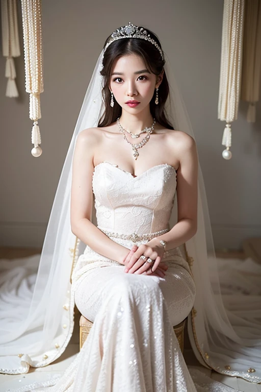 A beautiful woman in a dress is sitting on a throne in a luxurious castle and looking at the camera.