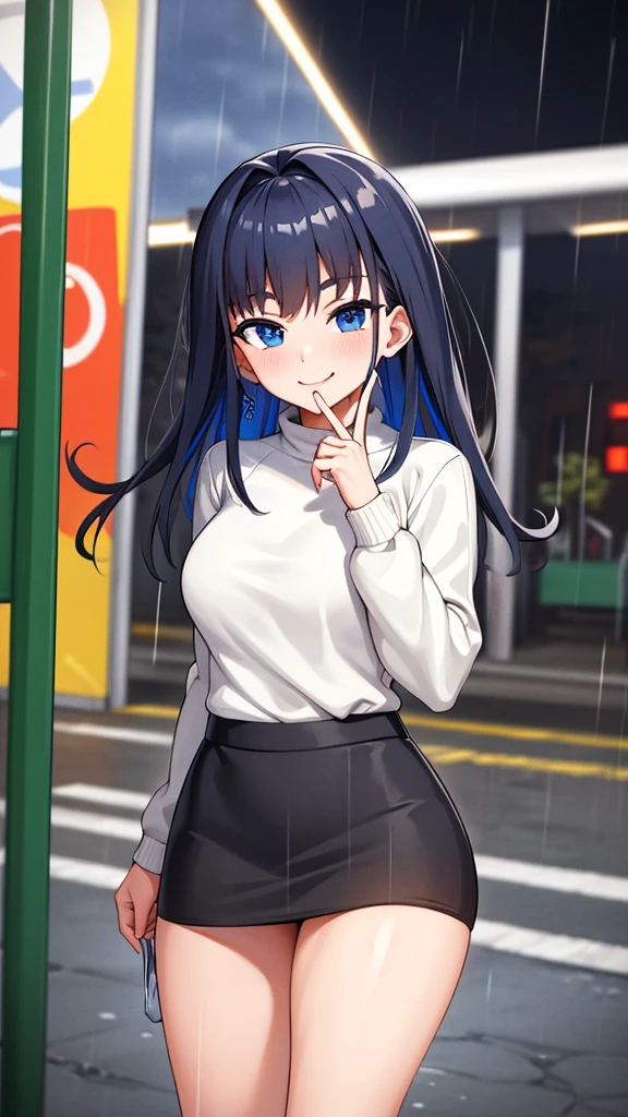 smile.Clothes: (Tight sweater), ((Tight mini skirt)). Location: (Under the roof of the bus stop).(it's raining).My body and face are a little wet from the rain.(()).((Anatomically correct)), (Highly detailed), (Ultra HD), (Highest quality), (High resolution), (Best quality), (One Person).