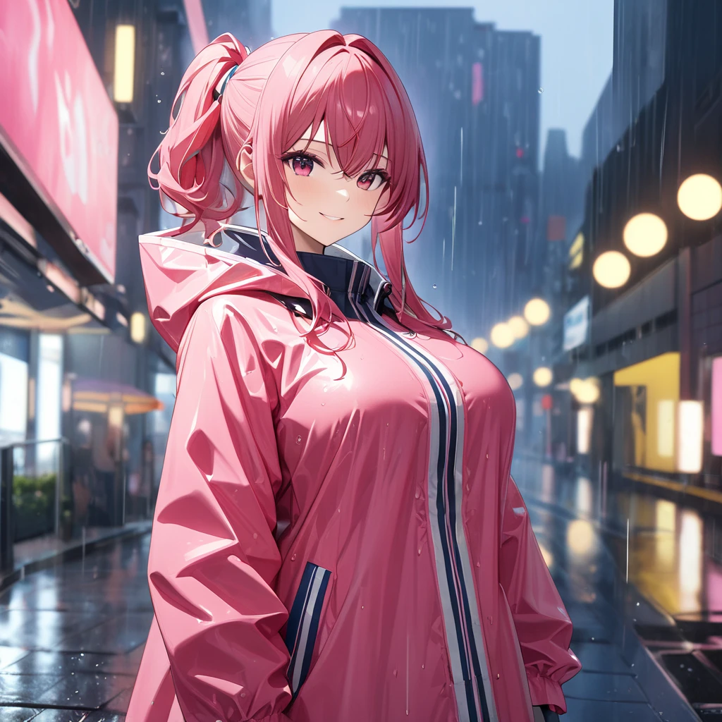 A woman wearing a long pink raincoat with a hood, big breasts, rain boots, hot pink hair, gray fringes, multicolored hair, pink eyes, smiling, standing on a sidewalk in a city, wet sidewalk, raining place, heights rain, blurred background, building in the background, place at night, blue and yellow lighting in the background, (Azur_lane, USS_Bremerton.), close_view,prime work , accurate , anatomically correct , textured skin , super details , high quality , best quality, 8k, high resolution, bokeh effect. (woman alone), close view
