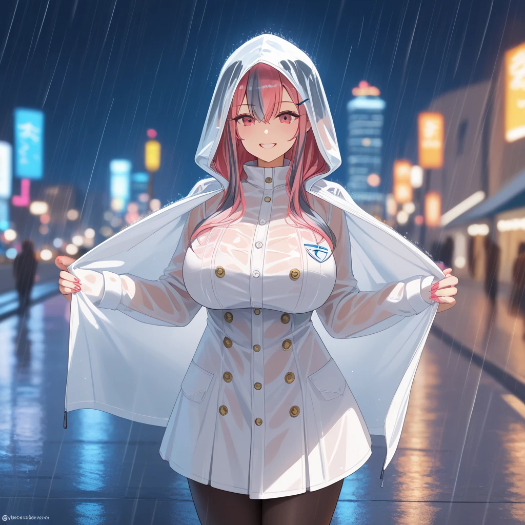 A woman wearing a long pink raincoat with a hood, big breasts, rain boots, hot pink hair, gray fringes, multicolored hair, pink eyes, smiling, standing on a sidewalk in a city, wet sidewalk, raining place, heights rain, blurred background, building in the background, place at night, blue and yellow lighting in the background, (Azur_lane, USS_Bremerton.), close_view,prime work , accurate , anatomically correct , textured skin , super details , high quality , best quality, 8k, high resolution, bokeh effect. (woman alone), close view
