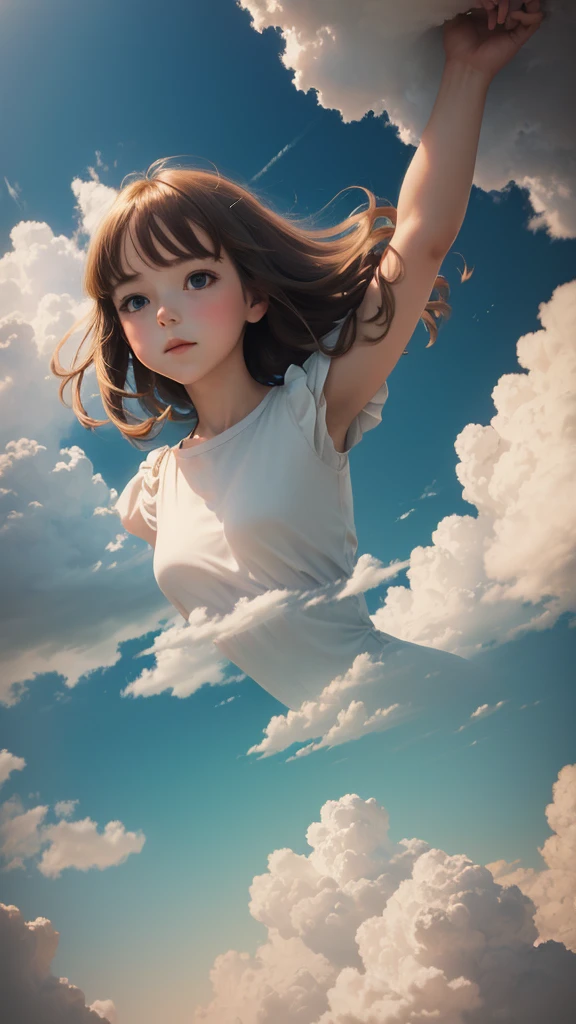 meadow, blue sky, white cumulonimbus, contrails, shining sun, meadow grass swaying in the wind, photo quality, live action, reality, transparency, realistic depiction, 8K quality, UHD, DSLR, high quality, film grain, fujifilm XT3, girl in white camisole dress, standing figure, barefoot, hair swaying in the wind, hair up to shoulders, big, big eyes,