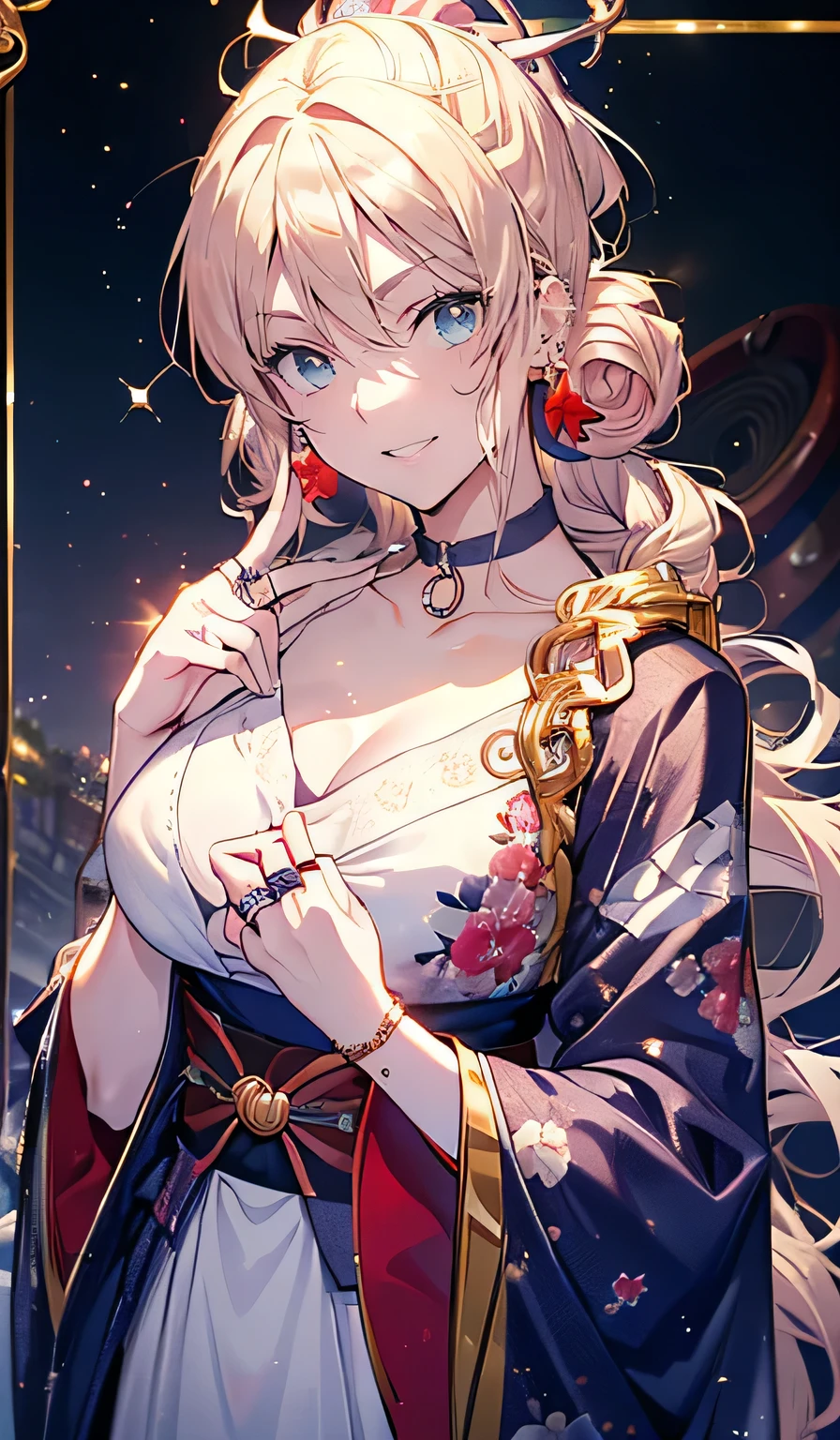 ((smile,smile,Big Breasts)),( best quality,4K, High Definition :1.2), ((1 personの女性)), beautiful face, ( Images of ), (( smirking :1.3)), ((:1.6)), ( head tilt:1.3), I smile with my mouth wide open , (Upper teeth), look at the viewers, ((Red face:1.6)), Shiny Red Lips , ((Big Breasts:1.4)) knight , festival stall at the shrine , , ( Shining Face), ((Anime style background)), Masterpiece , best quality , Very Beautiful ,Latest, complicated details, (Pink long nails), (Nail Art), (ring),( bracelet ), (ring helix piercing:1.7), (Floral Choker),AI-generated, complicated, high definition , best quality , super high quality,3D images、3D images,1 person, blonde long hair,( high ponytail), ( wavy hair), anime woman doing a photo shoot , ((fine grain、 blue eyes、Sparkling Eyes:1.4)), ( narrow his eyes :1.1),a hyperRealistic , hyperRealistic , Realistic,Long, blond anime woman , smooth anime cg art, Embroidered with a pink large floral pattern、A woman wearing a luxurious kimono, (( white long-sleeved kimono)),(Pink large floral pattern) ,Long flower hair ornament,Earrings, mature body, penetrates , abs, Thin Waist, (( make peace signs at the entrance of a cafe )),( face focus:1.3), (Front View),