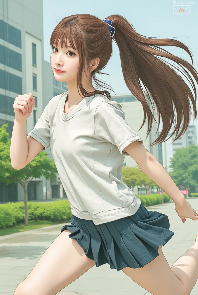 A realistic Japanese high school girl, carefully drawn down to the smallest detail, is dashing at full speed in a loose blouse and pleated skirt with an inseam length、
