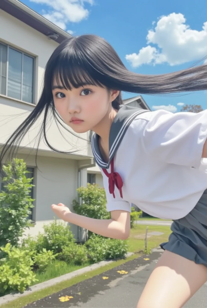 A realistic Japanese high school girl, carefully drawn down to the smallest detail, is dashing at full speed in a loose blouse and pleated skirt with an inseam length、
