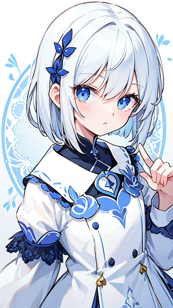 Character portrait　 blue and white clothes　 Silver Hair　 short bob　　Character portrait　noble　　 Lots of Lace 　 Long Sleeve 　