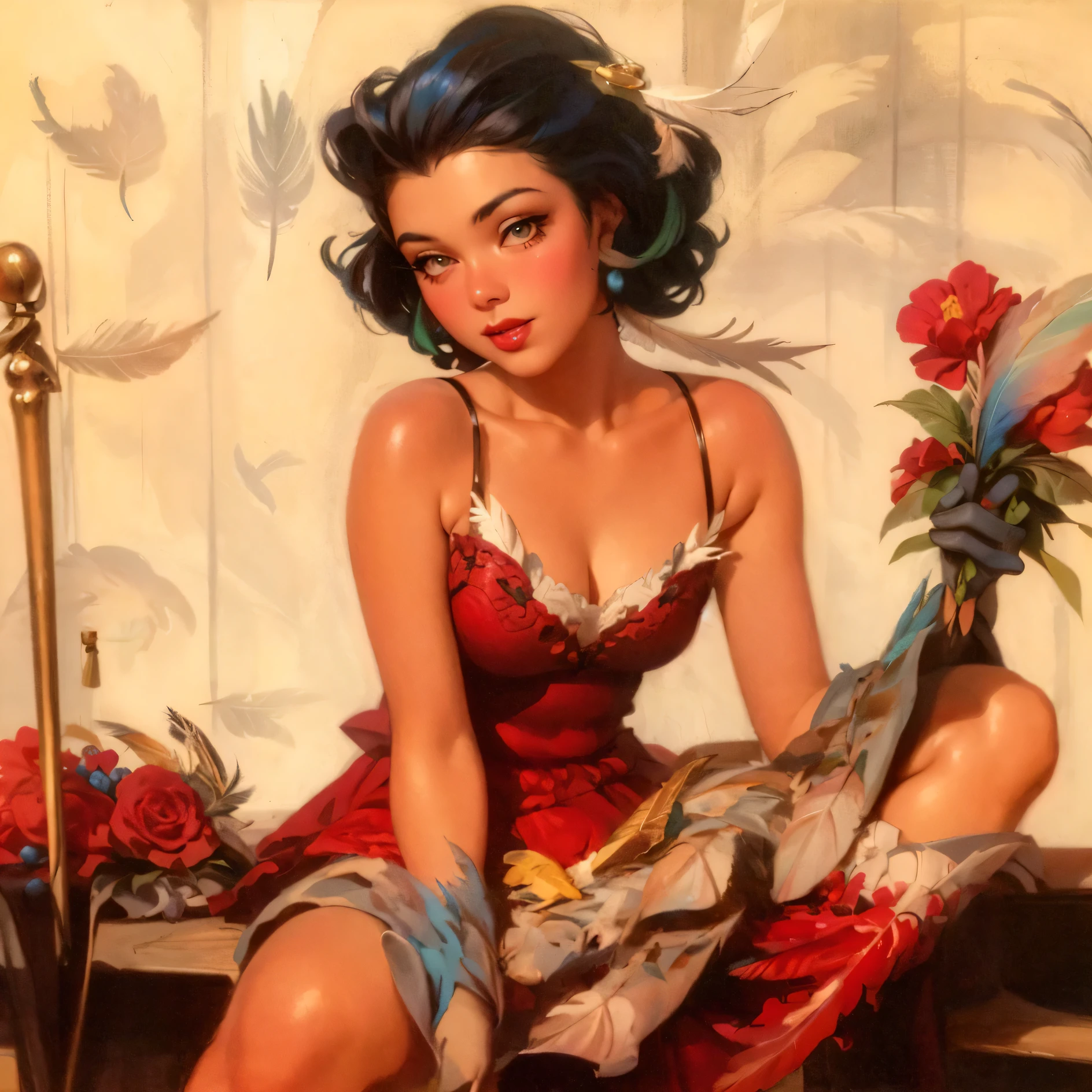 Woman with a small white hat and red ribbon with cards on the hat, covering half of her face. Where it only shows a little of the right eyes with short wavy black hair, a tight white and red corset and a big white skirt with red ruffles and several card designs gypsy in tight white long pants and red high heels, blowing a cigarette smiling and happy with red lipstick she has full and beautiful breasts