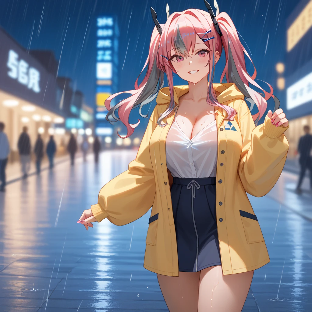 A woman wearing a long pink raincoat with a hood, big breasts, rain boots, hot pink hair, gray fringes, multicolored hair, pink eyes, smiling, standing on a sidewalk in a city, wet sidewalk, raining place, heights rain, blurred background, building in the background, place at night, blue and yellow lighting in the background, (Azur_lane, USS_Bremerton.), close_view,prime work , accurate , anatomically correct , textured skin , super details , high quality , best quality, 8k, high resolution, bokeh effect. (woman alone), close view
