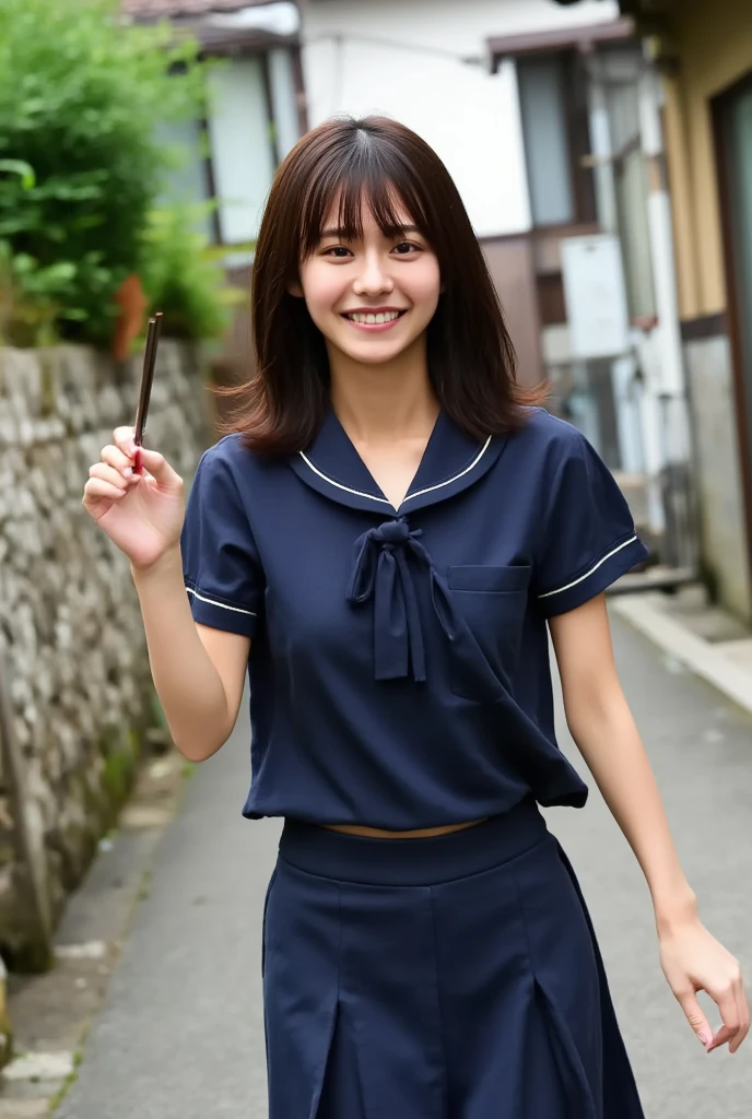 A realistic Japanese high school girl carefully drawn down to the smallest detail is dashing at full speed、 a blouse with a clean slack 、Navy blue sailor suit、 The skirt is pleated and inseam length、
