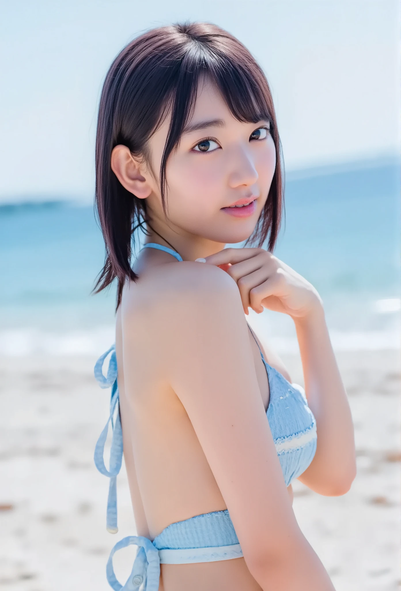 The high resolution photograph of a Japanese female idol, (realistic, photo-realistic), (masterpiece, amazing quality), intricate details, absolutely detailed, solo, 1girl, (JK wearing a bikini and posing), facing viewers, ocean view, blue sky, delicate and beautiful face, detailed eyes,