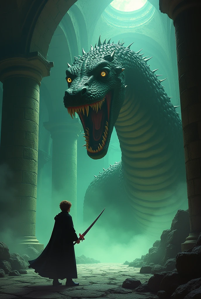 A boy standing in front of snake figure curve with blood and sword in his hand