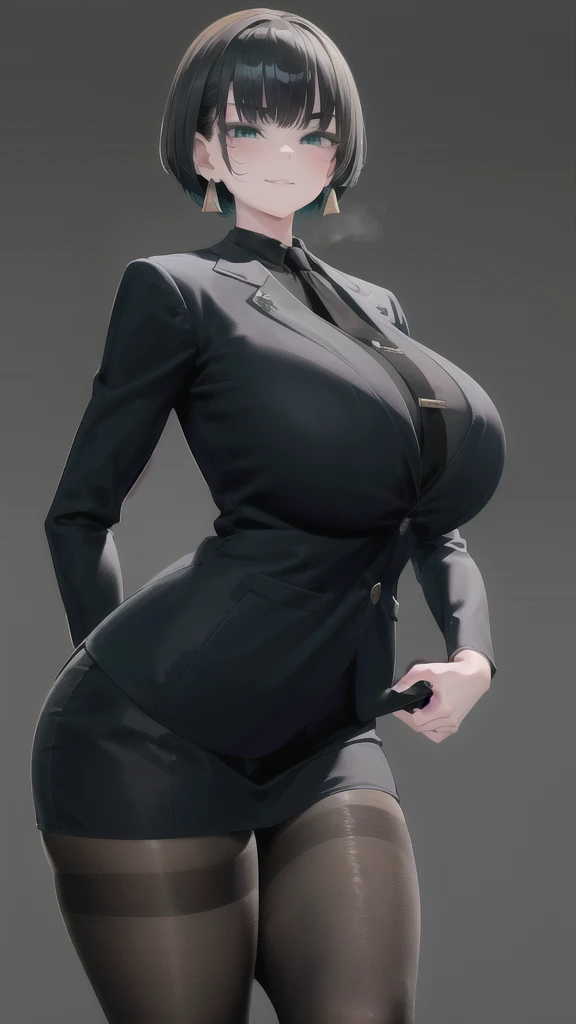 SFW, (Matte texture), 1 Secretary to support the viewer, ALLMIND, smug, naughty smile, (black hair), (short bob), earring, (green eyes), tall and slim, (sensual body), (stocky build:1.1), (gigantic breasts), (thick thigh), (huge hip), (business suit, black shirt, Fastened buttons, tight skirt, Pantyhose:1.2),  (cyberspace background), masterpiece, high quality, high detail