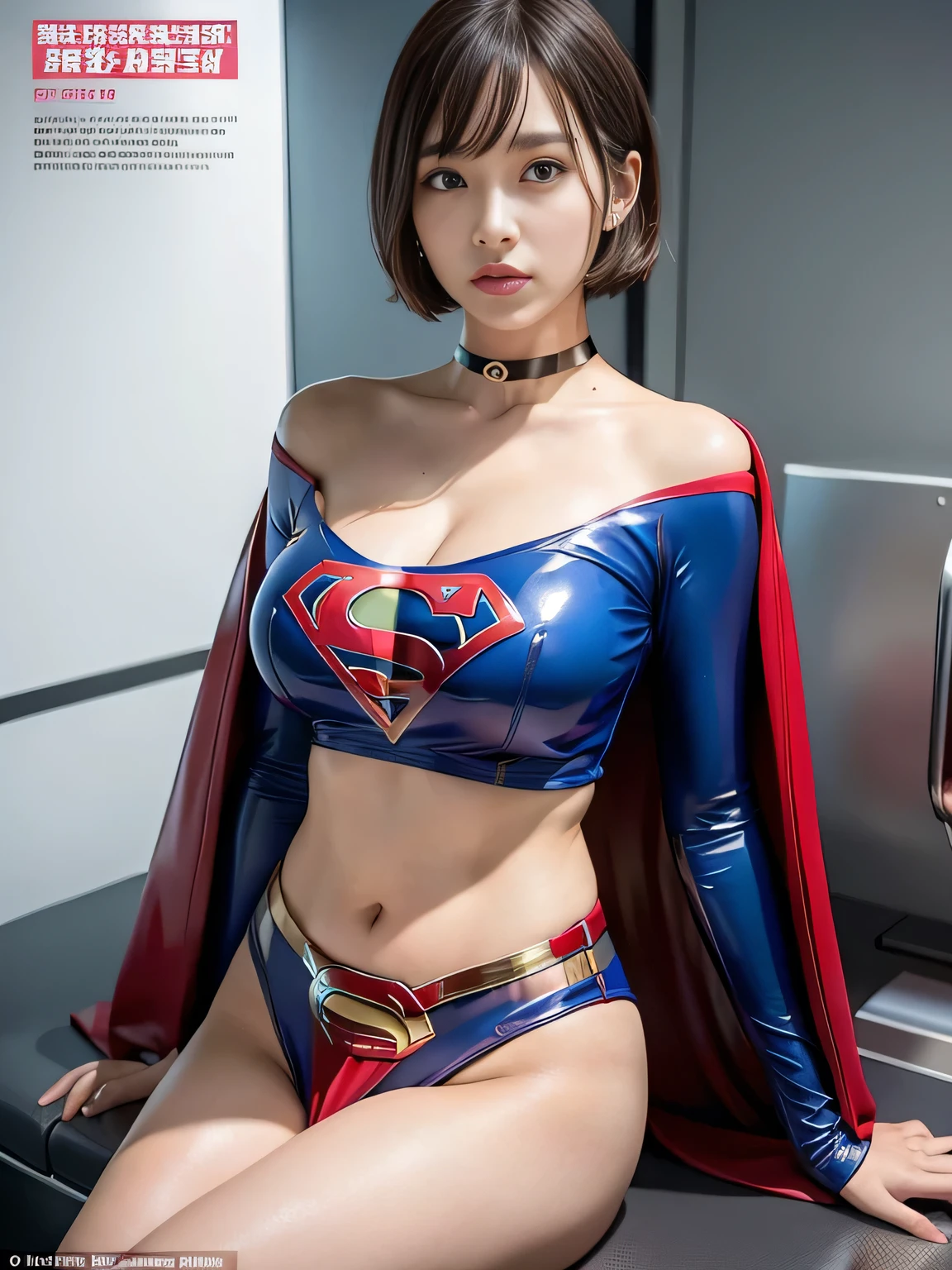 masterpiece、Rubber Supergirl Costume、Short Hair、Hospital operating table、Crisis situation、Big and ample breasts、looking at the camera、Shiny、Off the shoulder、choker、Long sleeve、exy poses to seduce、Sweaty skin、Model body type、Alluring、charm、Enchanting、Abused、test subject、victim、Wild、Photorealistic、latex、Expose your belly、athlete、High leg、Photo magazine cover、Red cloak、Beautiful thighs、wallpaper for pc、