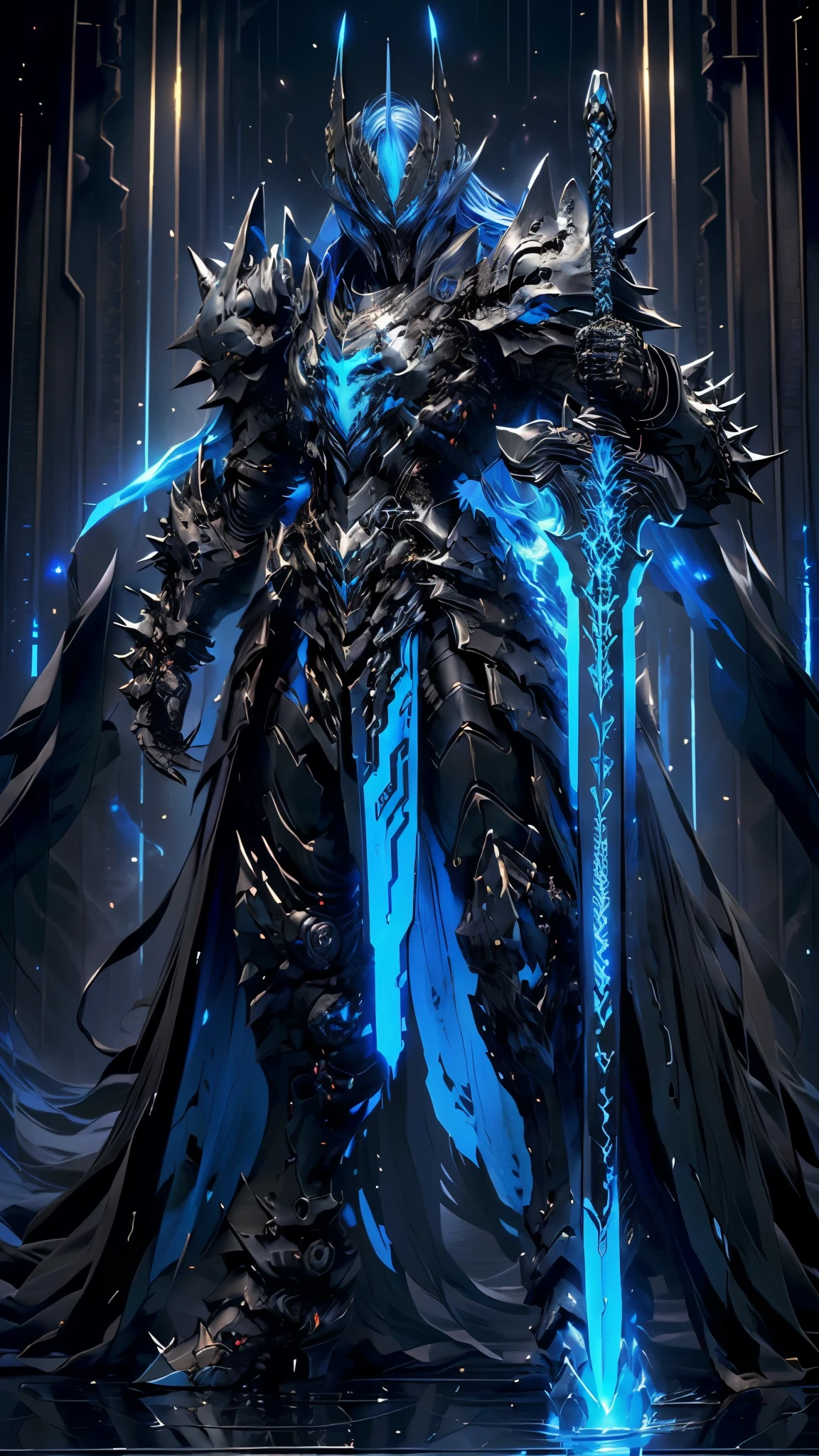  An armored knight standing in a dark room holds a sword,  Blue-Black Blue Reflective Armor,  Black Light and Red Mixed ,  Ferocious Skull's Blue-Black Armor , Heavy Metal Armor,  Cybernetic Flame Armor , Blue Heavy Armor , Damaged Armor,  Cybernetic Fire Armor, Full body X-Force outfit,  Heavy Black Obsidian Armor, Metal Spiky Armor 、 long hair、 blue hair 、青色の long hair、Black Cape、Black Wings、male、 One Man