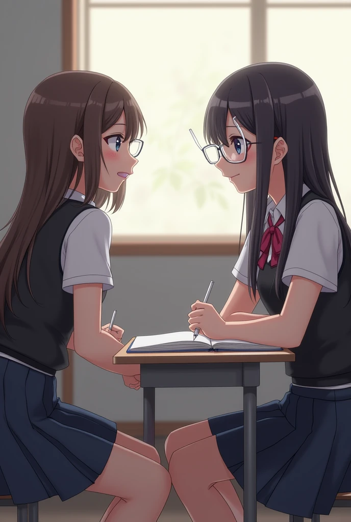 A young girl,Charming figure,Charming,with fair skin,Ruddy face,Shoulders exposed,Hold it from the back,Kiss the face of a handsome boy。In the classroom,On the desk。