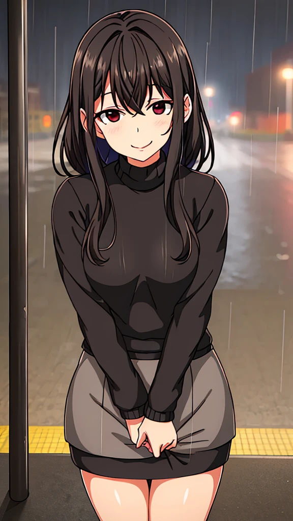 smile.Clothes: (Tight sweater), ((Tight mini skirt)). Location: (Under the roof of the bus stop).(it's raining).My body and face are a little wet from the rain.(()).((Anatomically correct)), (Highly detailed), (Ultra HD), (Highest quality), (High resolution), (Best quality), (One Person).