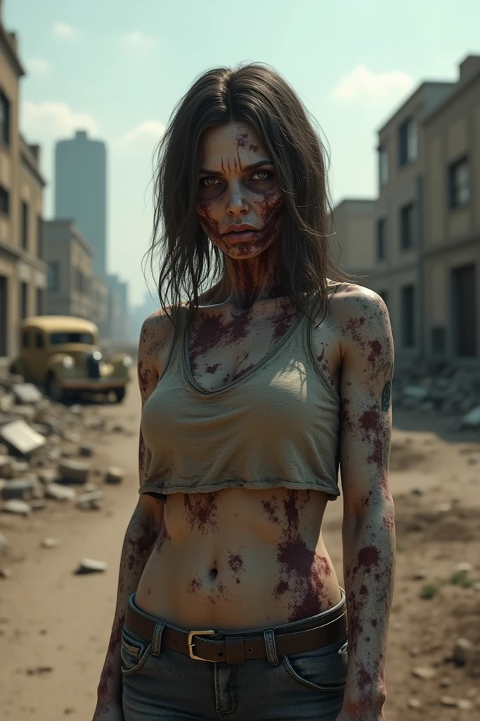 
an undead zombie woman, wearing a worn and torn ordinary military uniform, wanders among the rubble in a post-apocalyptic scenario, we glimpse mutant creatures affected by radiation