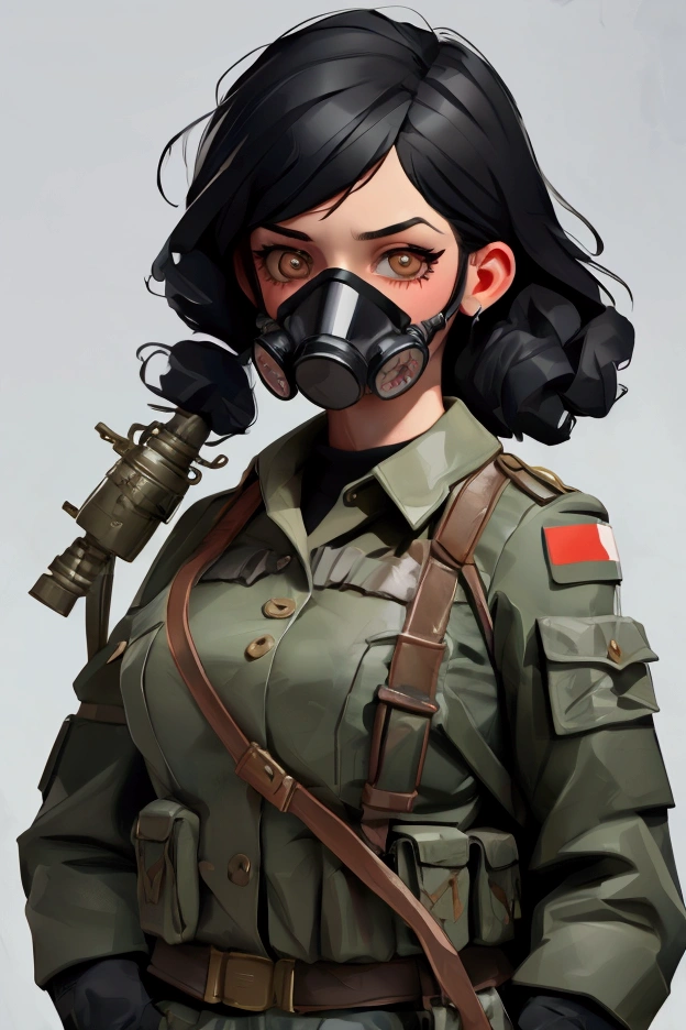 Black hair soviet soldier female with gasmask