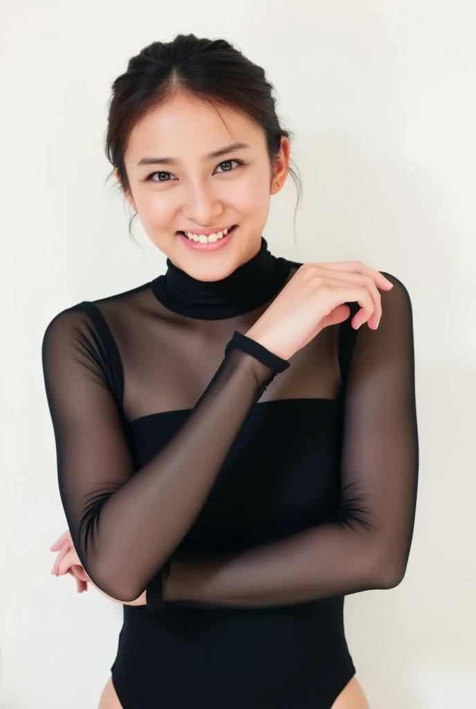 8k, RAW Photo, Best Quality, Masterpiece:1.2),(Realistic, photo-realistic:1.37), Super Detail, She is wearing tight thin fitting transparent black long sleeve turtleneck leotard, no skirts, transparent black pantyhose, cinematic lighting, sexy pose, monotone background, facing front, smiling, portrait, dressed up to the belly button, dressed up to the neck
