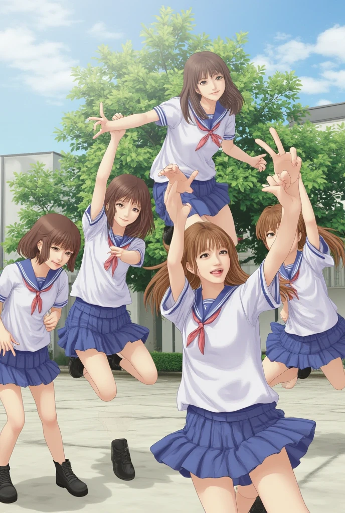 Japanese high school girls are excited to jump in outfits with loose bust blouses and pleated skirts that are inseam length
