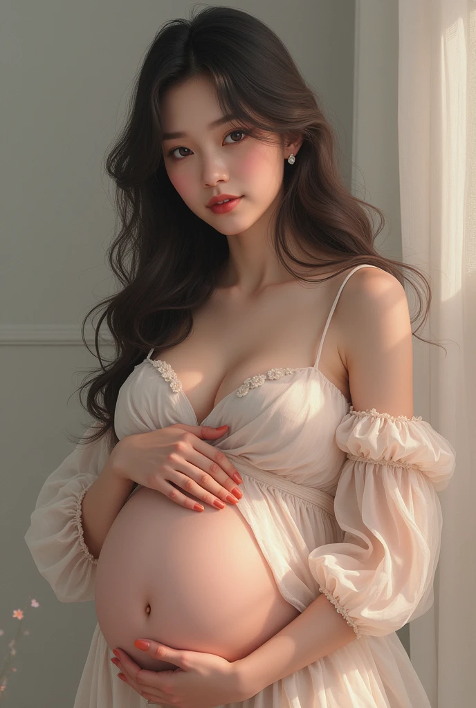 （RAW photos，best qualtiy），（realisticlying，photograph realistic：1.3），tmasterpiece，A very delicate and beautiful，The is very detailed，CG，unity，2k wallpaper，Amazing Cleavage，finely detailled，Light smile，Very detailed CG unity 8k wallpaper，hugefilesize，ultra - detailed，A high resolution，the soft light，1girl，（half-body photo：1.2），（Perfect body proportions：1.2），（long whitr hair：1.1），Pregnant belly, maternity attire for pregnant women，maternity dress，pregnant belly，Pregnant belly