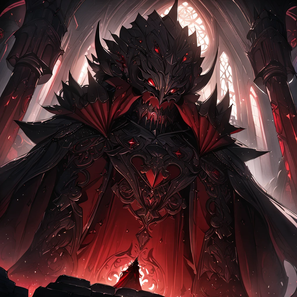 Vampire Lord, black armor, red cloak, cinematic lighting, highly detailed face, intricate details, epic fantasy, dramatic shadows, 8k, best quality, masterpiece, professional, Cathedral setting 