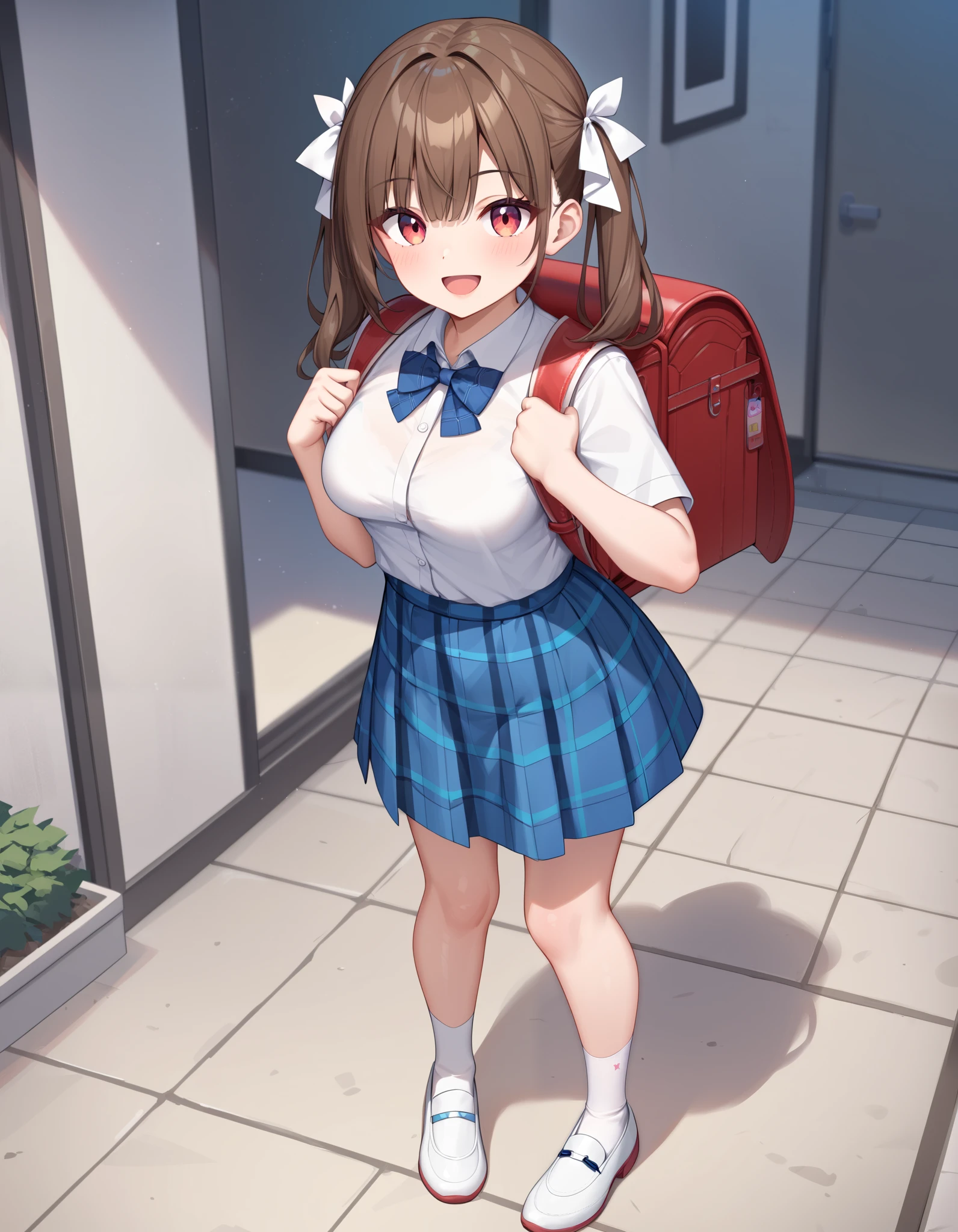 masterpiece, best quality, highly detailed, ultra high res, 1girl, smile, happy, brown hair, twintail, hair ribbon,  medium breasts, wearing white collared shirt, blue bowtie, plaid skirt, blue plaid skirt, standing, fullbody, wearing white socks, white shoes, indoor, wearing backpack, red color backpack