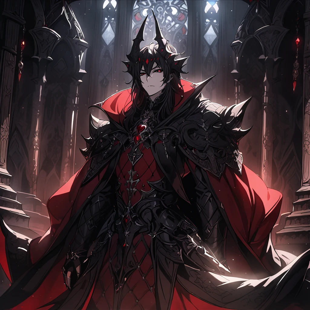 Vampire Lord, black armor, red cloak, cinematic lighting, highly detailed face, intricate details, epic fantasy, dramatic shadows, 8k, best quality, masterpiece, professional, Cathedral setting 