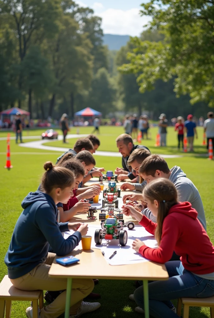 9-year-old boy with short light brown hair wearing a white sweatshirt and next to him a 9-year-old girl wearing a white sweatshirt, loose dark brown hair, These two kids are in a school setting “at the science fair presenting the operation of a hydraulic backhoe as their project