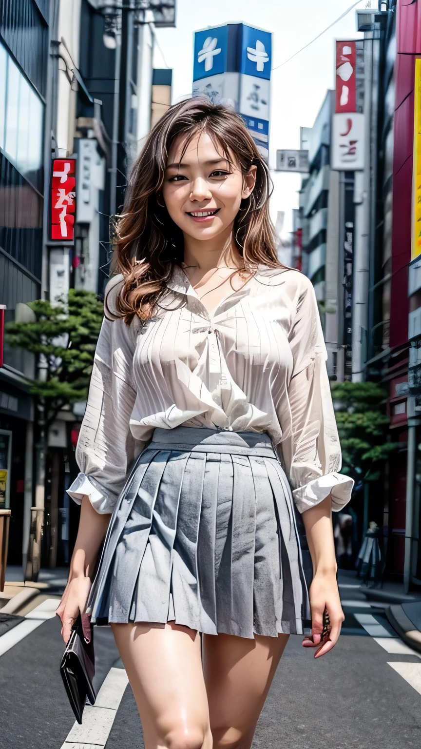 ( old girl standing on Tokyo street:1.5)、(  in an office suit 、Big smile)、(Realistic、 as in the picture 、live-action、8k, Realistic,  RAW photo,  Max Image: 1.4),   SLR camera、 RAW photo,   best quality , Realistic, high definition CG unity 8k wallpaper,  Written Boundary Depth, Cinematic Light,  lens flare ,  ray tracing , Realistic background、(( super high density skin ))、(whole body:1.5)、( white blouse、 gray pleated skirt :1.5、 black stockings:1.44)、 Big Breasts )、 very detailedな顔，( deflect your eyes:1.5)、( long hair:1.2、 likes that style、 perfect eye details 、 very detailed、 pay attention to the details 、Perfect outfit、( sunburned skin)、Front View、 For men {x} Accurate hands、Accurate legs、 detailed hands and fingers、 anatomically accurate body、Thin legs、 Thin Thighs 、 Big Breasts 、 very detailedな顔、  view from below 