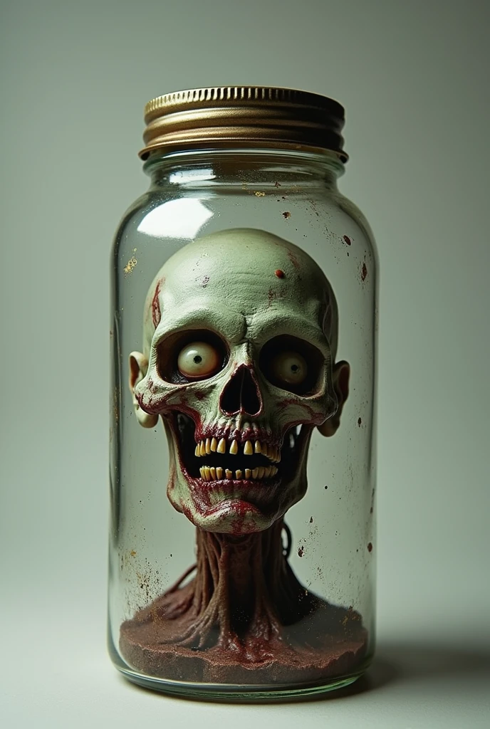 A head inside of a jar filled with blood the head has long hair and a beard, there’s a knife what is sticking outside of the human head with the handle sticking outside of its mouth.